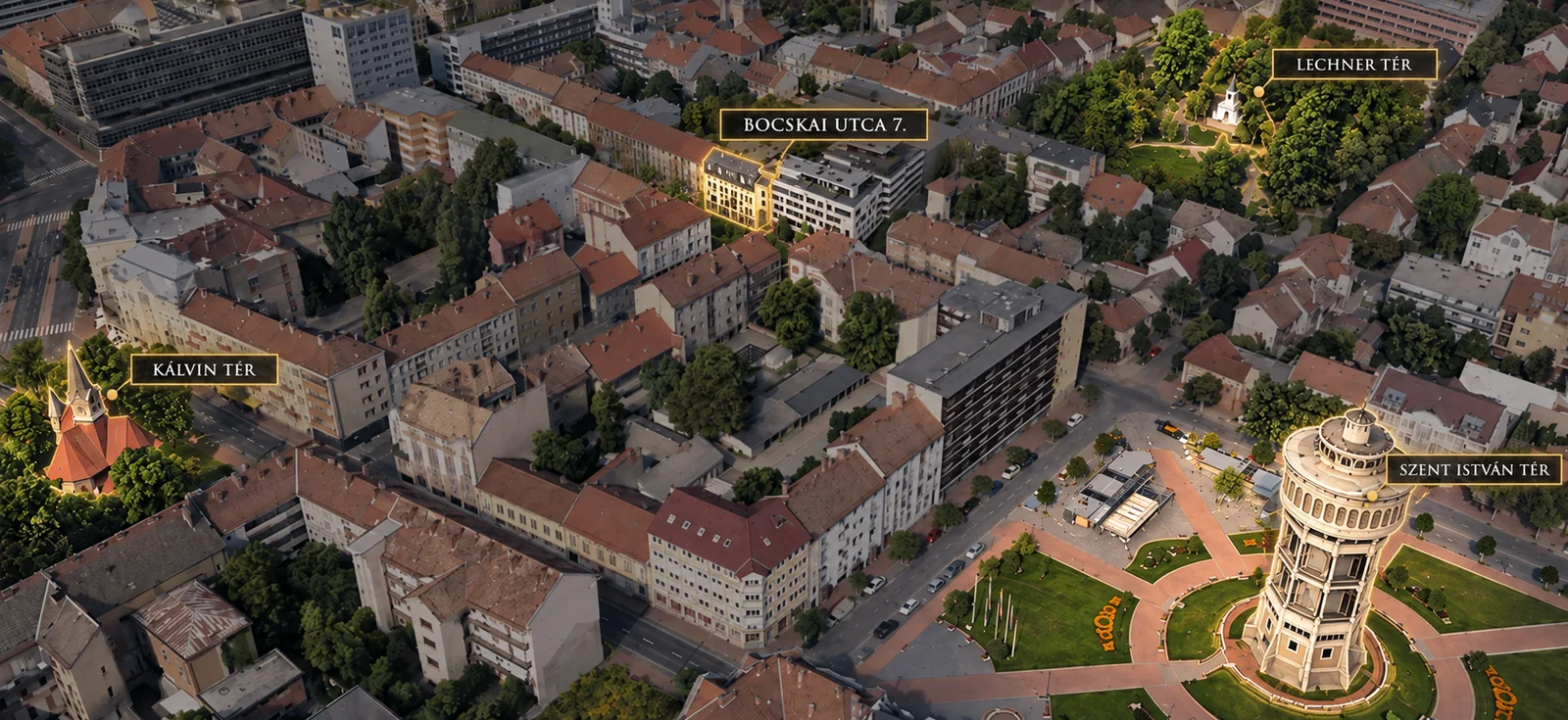 Illusztrált madártávlati kép a szegedi belvárosról: a Bocskai utca 7., a Lechner tér, a Kálvin tér és a Szent István téri víztorony