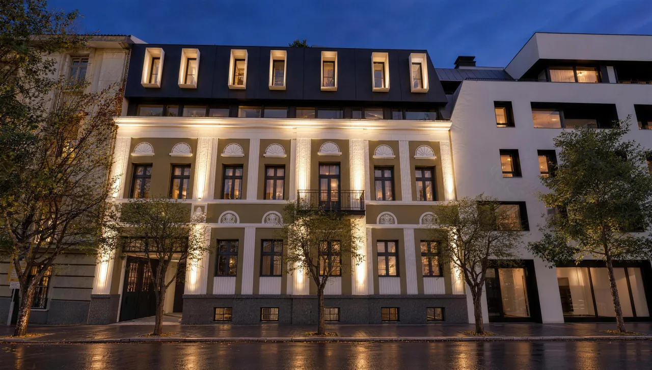 A kivilágított homlokzat szemből